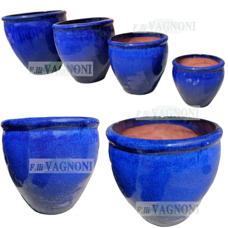 SET 4 VASI CIRCOLARI IN TERRACOTTA SMALTATA BLU' COBALTO